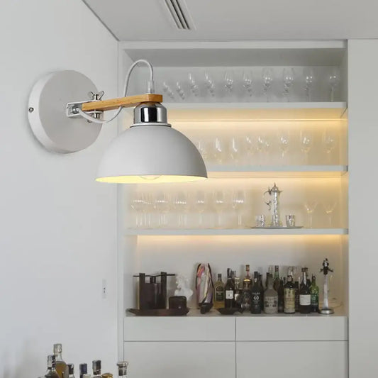 White Metallic and Wood Wall Sconce for Bedroom - Simple Style, Bowl-Shaped Light Fixture. - Tampa Home & Garden Store