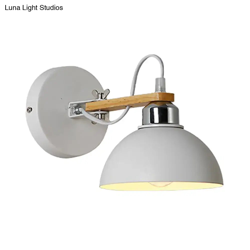White Metallic and Wood Wall Sconce for Bedroom - Simple Style, Bowl-Shaped Light Fixture.