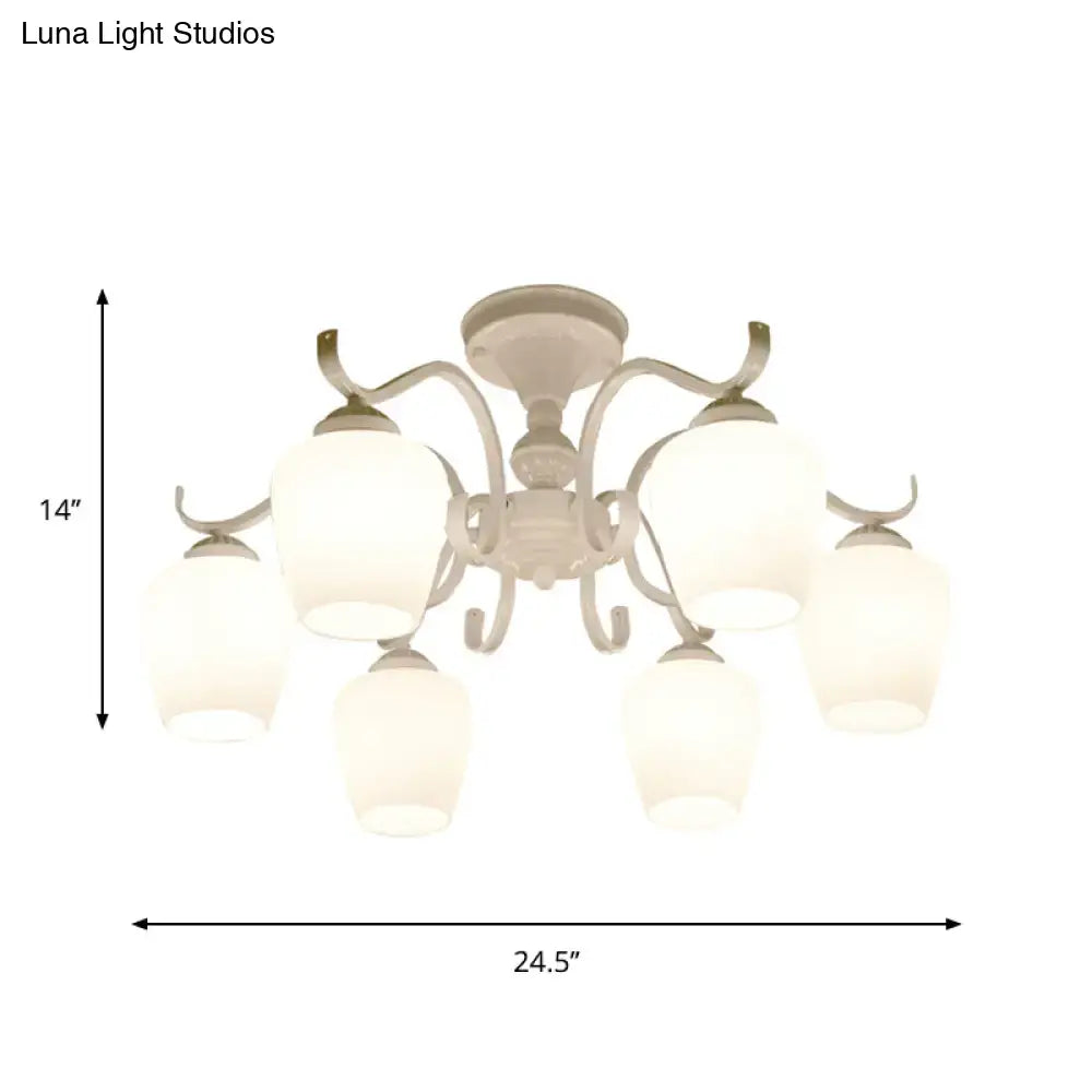 White Opaline Glass Cone Ceiling Lamp - 6-Light Semi Flush Chandelier in Countryside Style - 18.5"/24.5" Width
