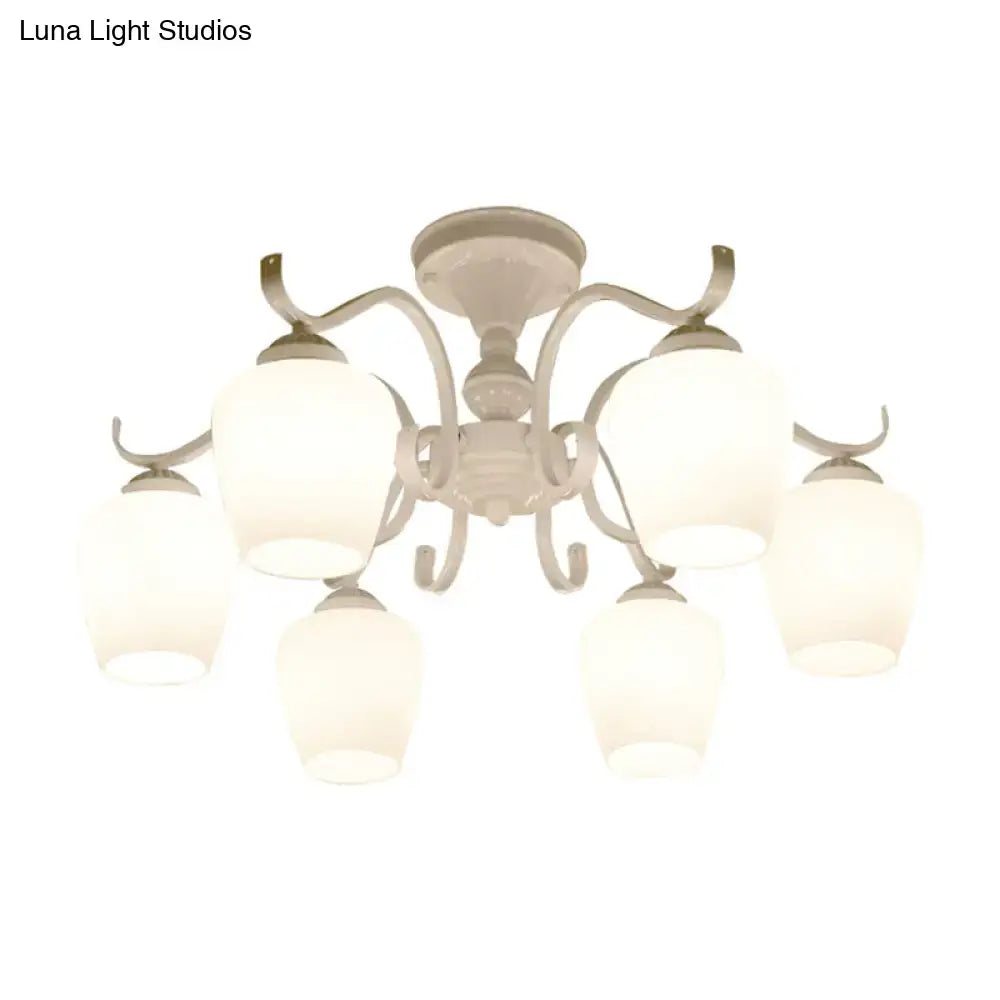 White Opaline Glass Cone Ceiling Lamp - 6-Light Semi Flush Chandelier in Countryside Style - 18.5"/24.5" Width