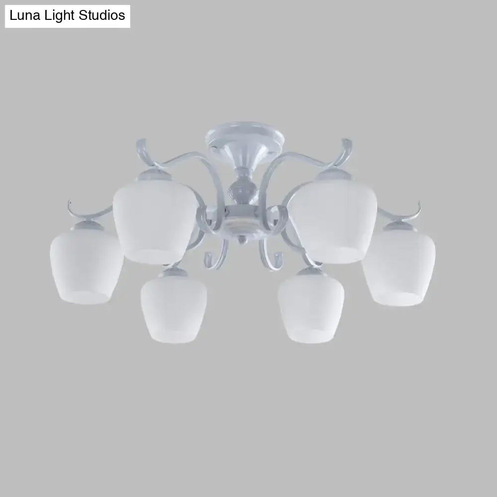 White Opaline Glass Cone Ceiling Lamp - 6-Light Semi Flush Chandelier in Countryside Style - 18.5"/24.5" Width