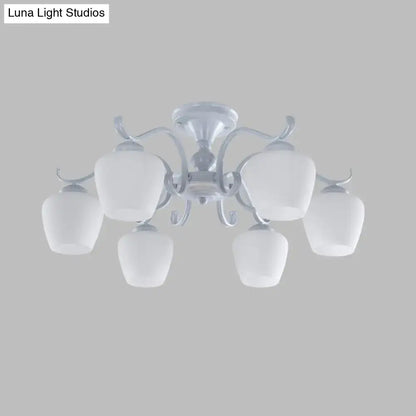 White Opaline Glass Cone Ceiling Lamp - 6-Light Semi Flush Chandelier in Countryside Style - 18.5"/24.5" Width