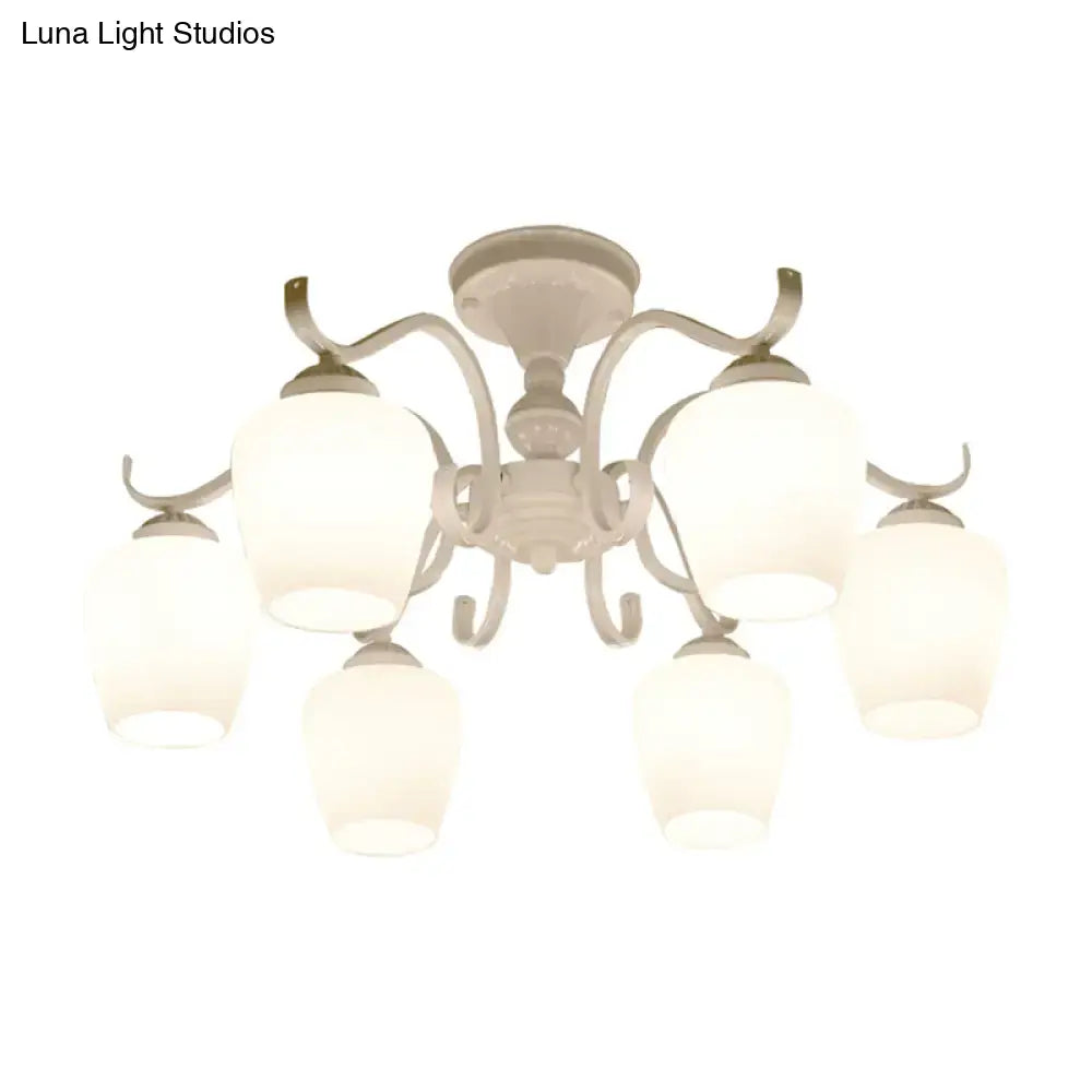 White Opaline Glass Cone Ceiling Lamp - 6-Light Semi Flush Chandelier in Countryside Style - 18.5"/24.5" Width