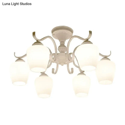 White Opaline Glass Cone Ceiling Lamp - 6-Light Semi Flush Chandelier in Countryside Style - 18.5"/24.5" Width