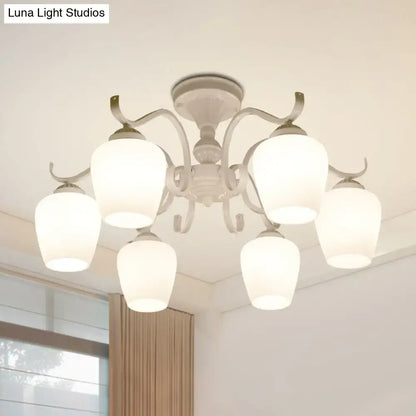 White Opaline Glass Cone Ceiling Lamp - 6-Light Semi Flush Chandelier in Countryside Style - 18.5"/24.5" Width