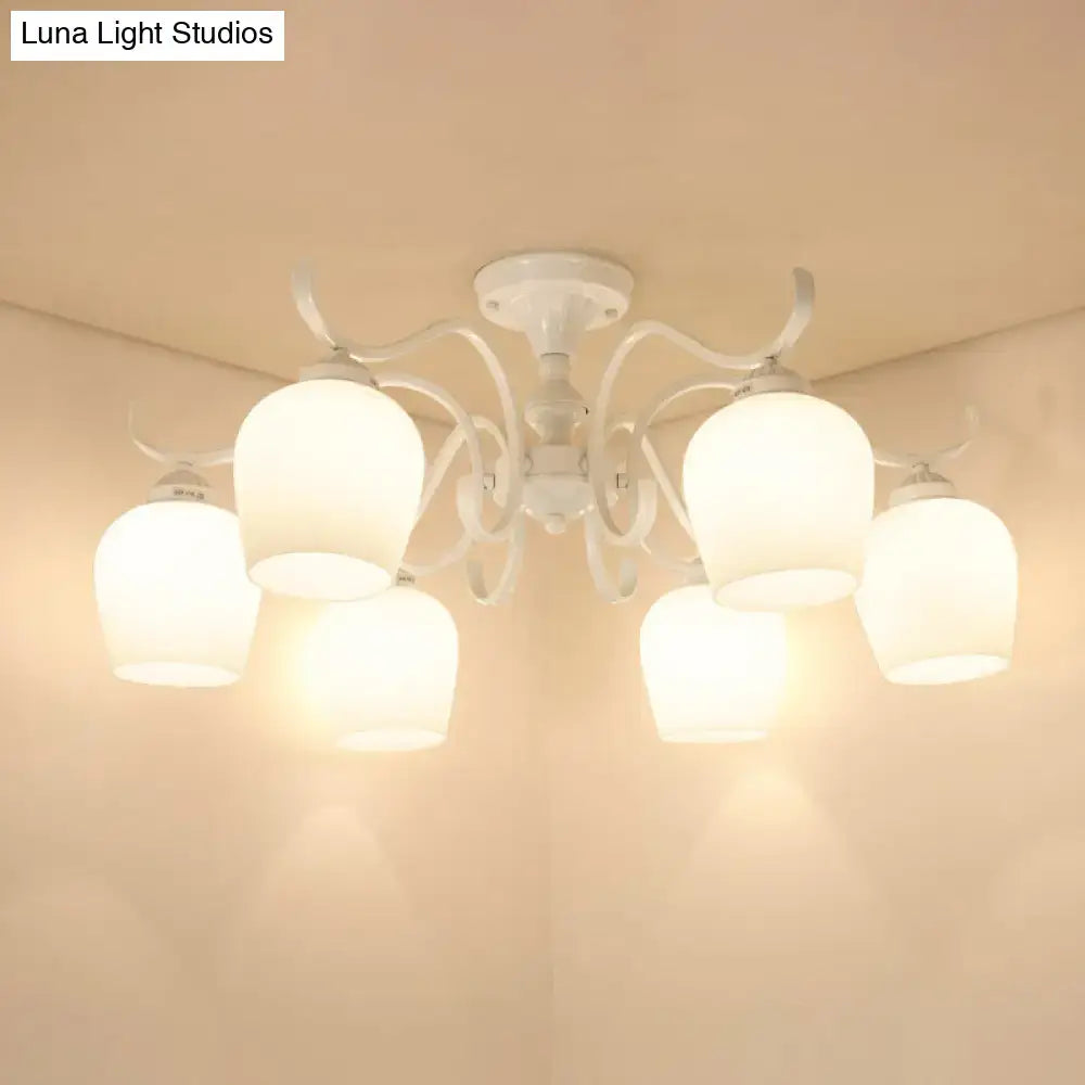 White Opaline Glass Cone Ceiling Lamp - 6-Light Semi Flush Chandelier in Countryside Style - 18.5"/24.5" Width