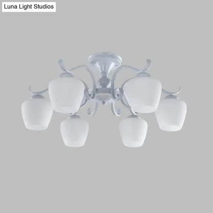 White Opaline Glass Cone Ceiling Lamp - 6-Light Semi Flush Chandelier in Countryside Style - 18.5"/24.5" Width