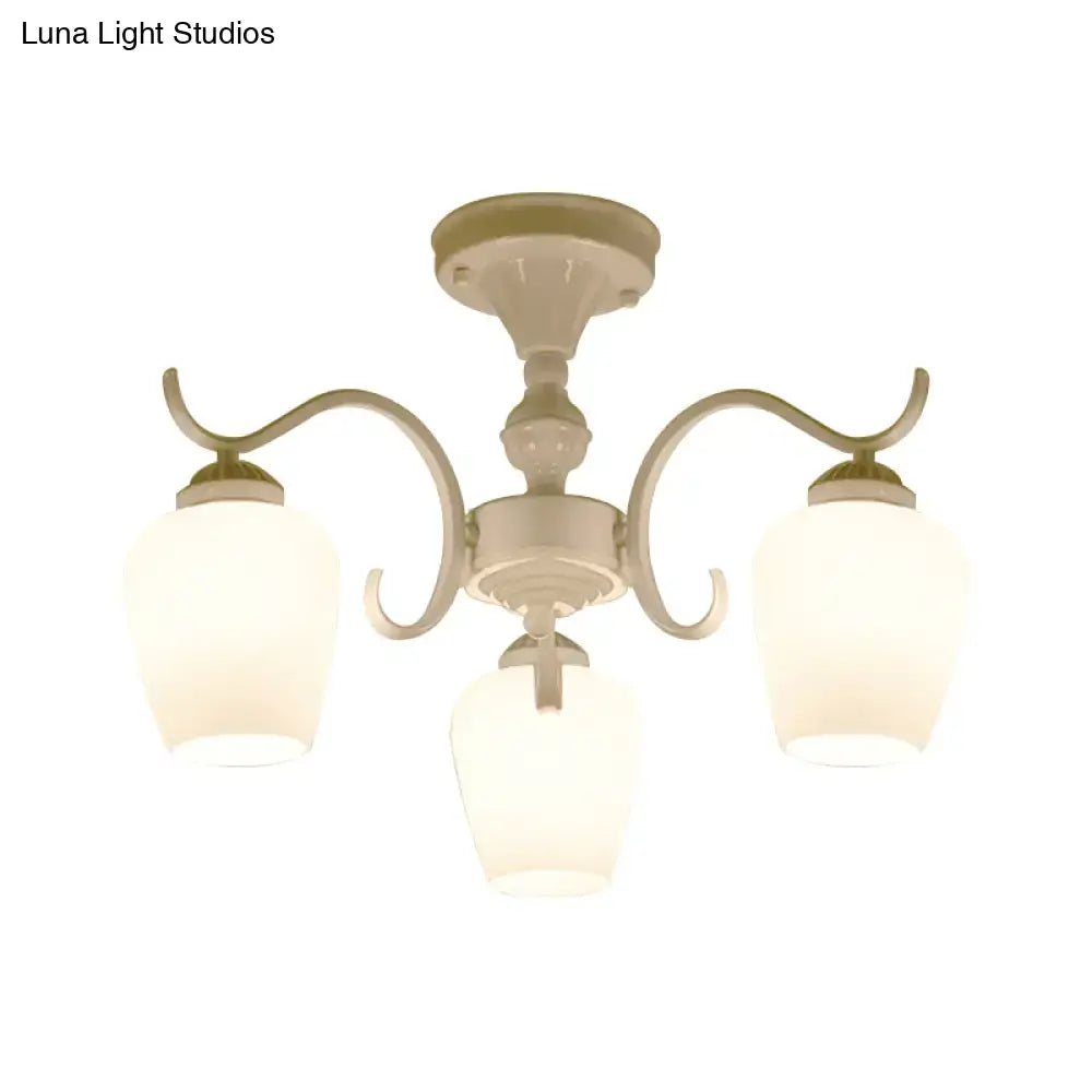 White Opaline Glass Cone Ceiling Lamp - 6-Light Semi Flush Chandelier in Countryside Style - 18.5"/24.5" Width