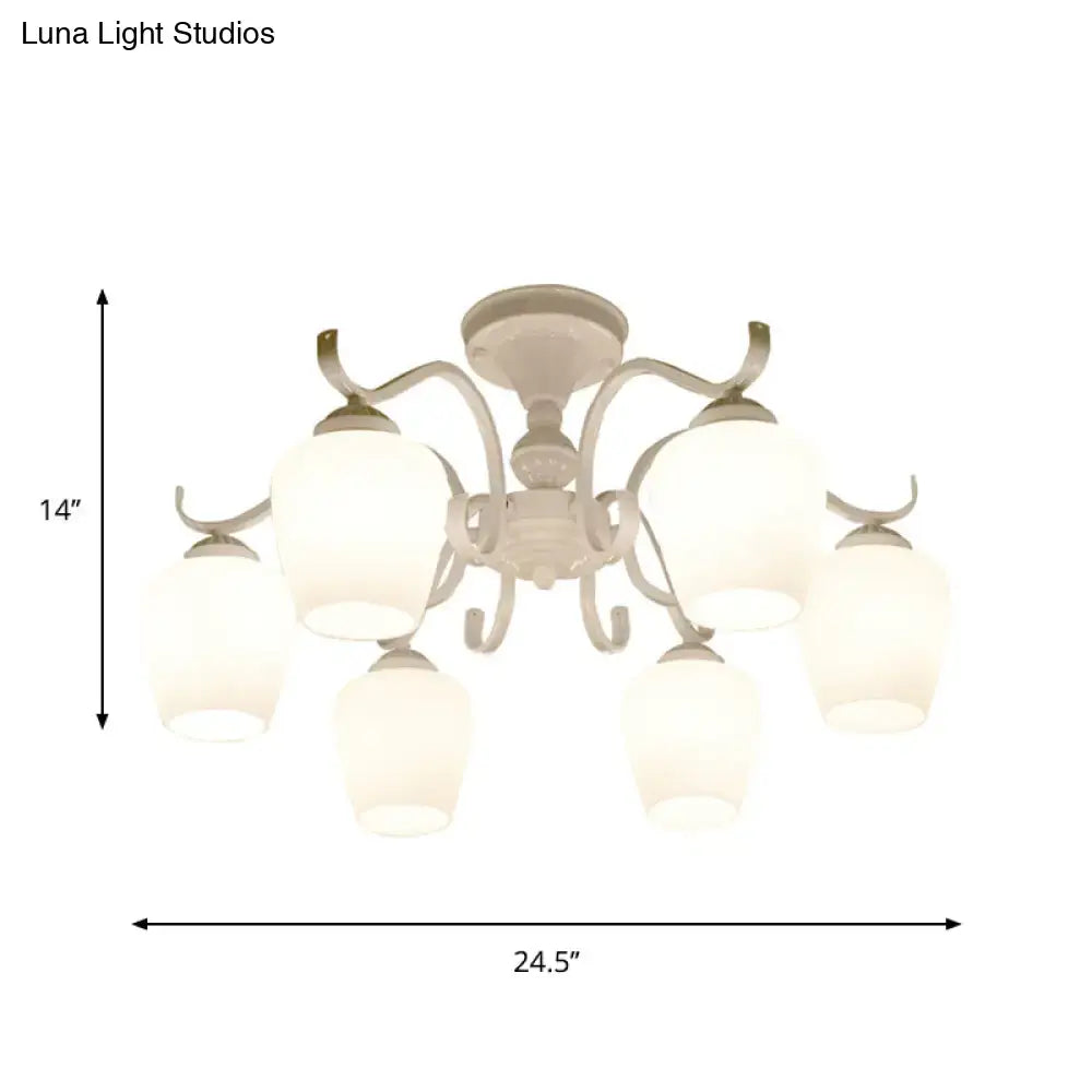 White Opaline Glass Cone Ceiling Lamp - 6-Light Semi Flush Chandelier in Countryside Style - 18.5"/24.5" Width