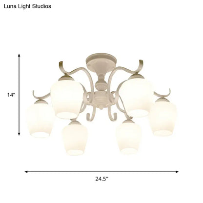White Opaline Glass Cone Ceiling Lamp - 6-Light Semi Flush Chandelier in Countryside Style - 18.5"/24.5" Width