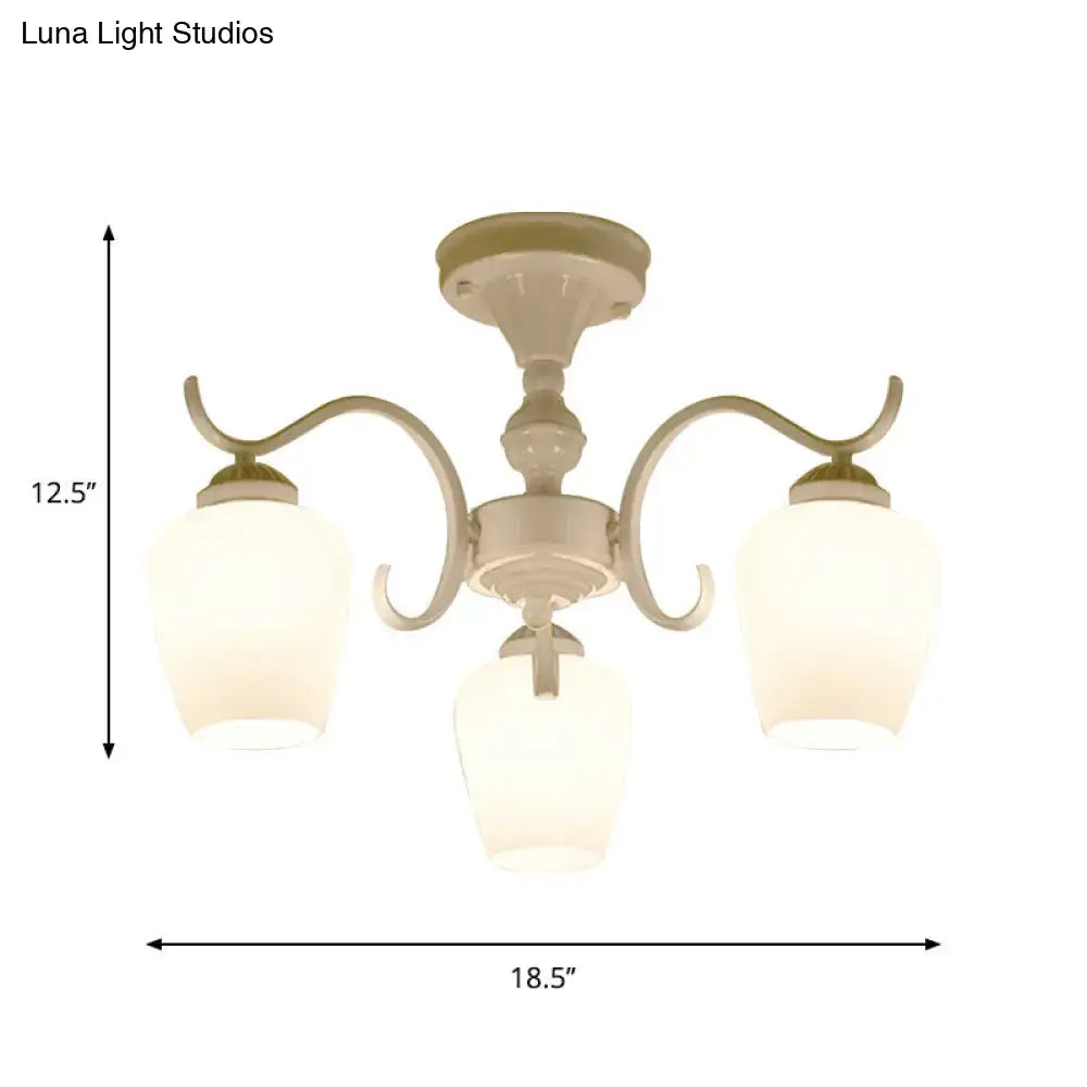 White Opaline Glass Cone Ceiling Lamp - 6-Light Semi Flush Chandelier in Countryside Style - 18.5"/24.5" Width