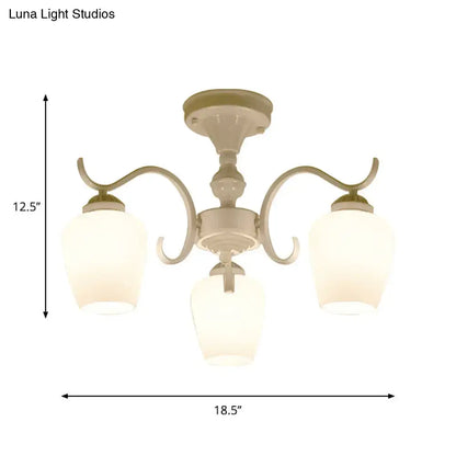 White Opaline Glass Cone Ceiling Lamp - 6-Light Semi Flush Chandelier in Countryside Style - 18.5"/24.5" Width