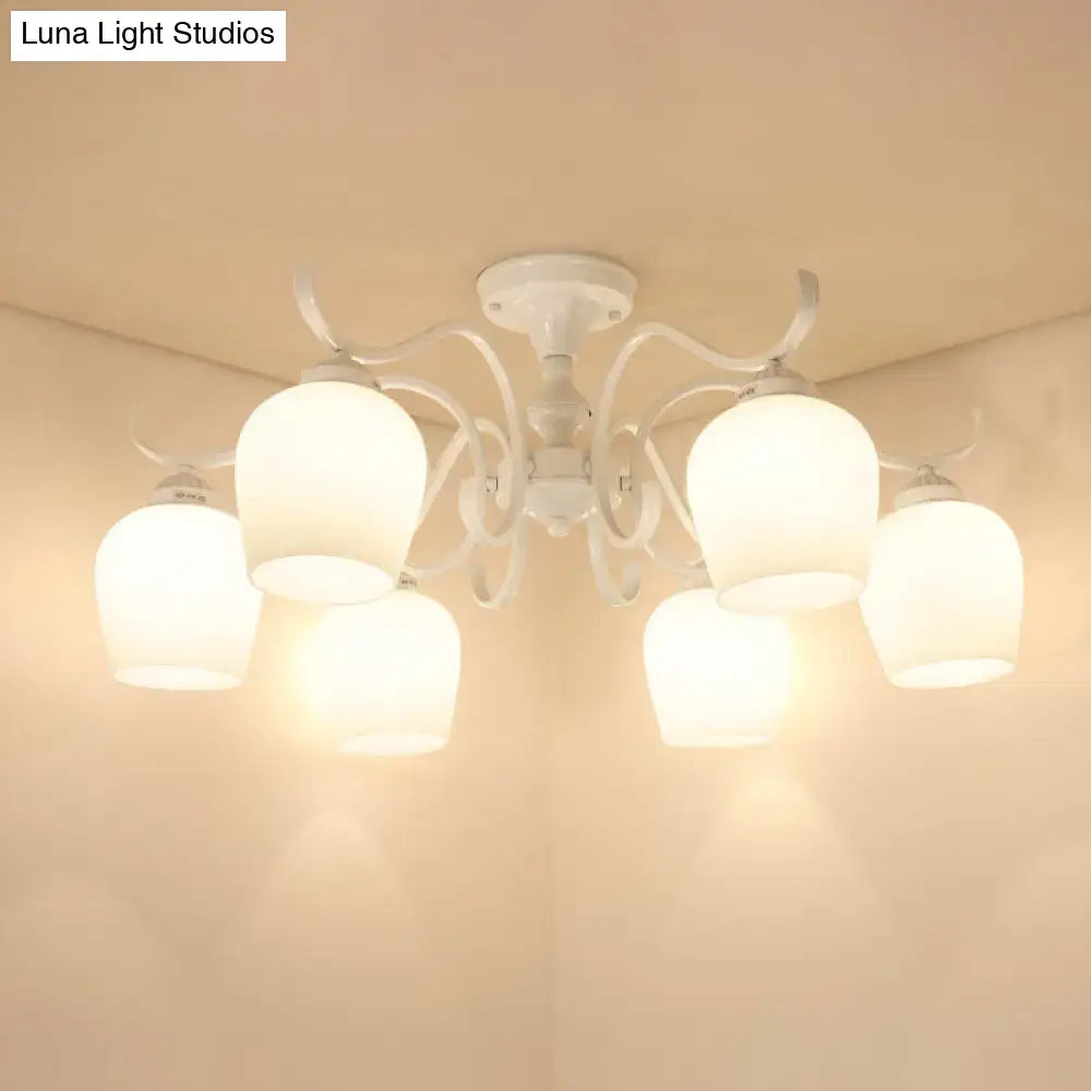 White Opaline Glass Cone Ceiling Lamp - 6-Light Semi Flush Chandelier in Countryside Style - 18.5"/24.5" Width