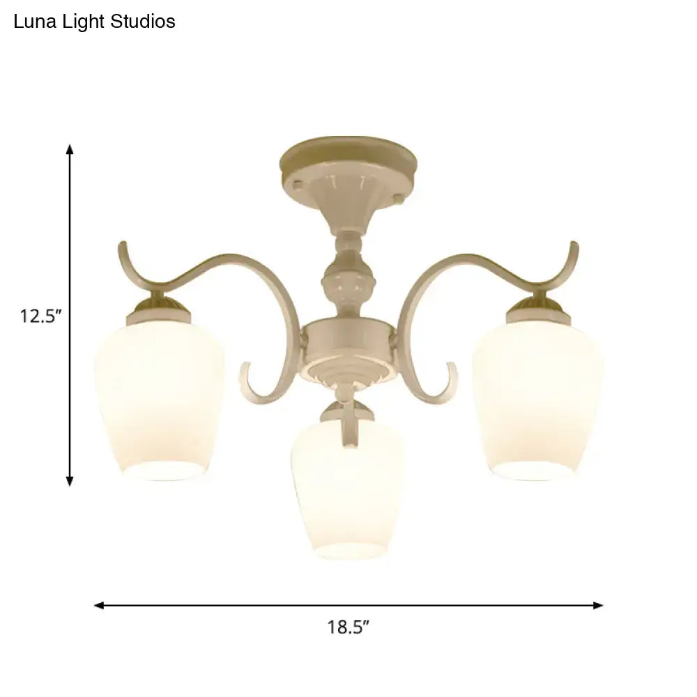White Opaline Glass Cone Ceiling Lamp - 6-Light Semi Flush Chandelier in Countryside Style - 18.5"/24.5" Width