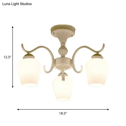 White Opaline Glass Cone Ceiling Lamp - 6-Light Semi Flush Chandelier in Countryside Style - 18.5"/24.5" Width