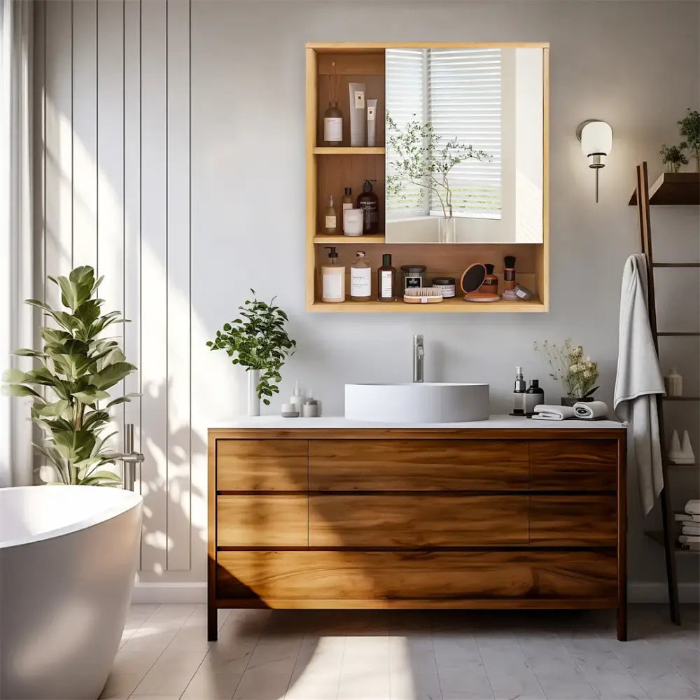 Wood Medicine Cabinet with Mirror and Storage