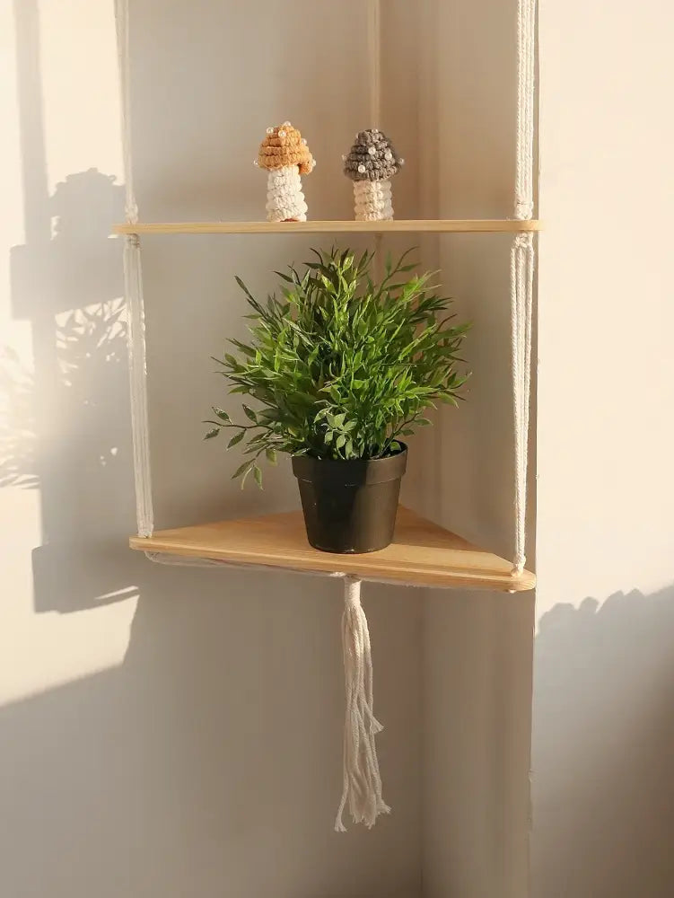 Wooden Corner Shelf with Macrame - Boho Wall Decor