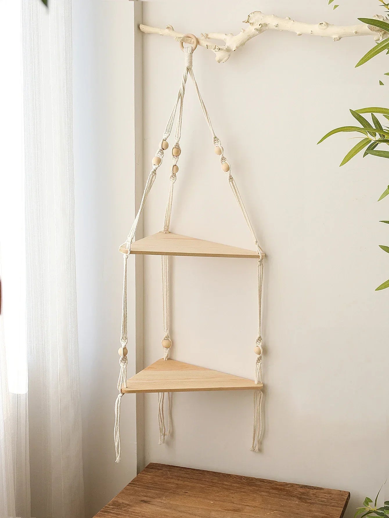 Wooden Corner Shelf with Macrame - Boho Wall Decor