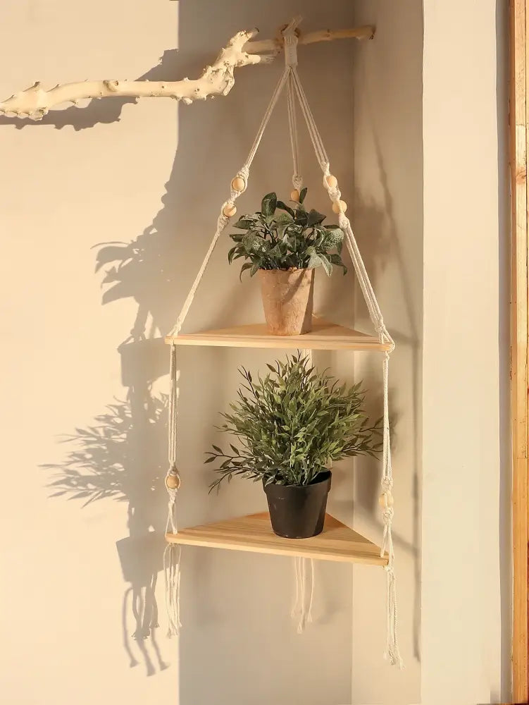 Wooden Corner Shelf with Macrame - Boho Wall Decor