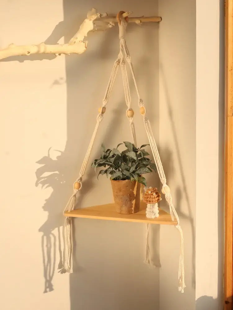 Wooden Corner Shelf with Macrame - Boho Wall Decor