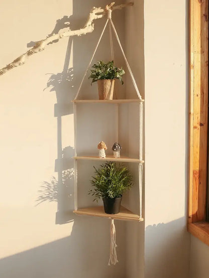 Wooden Corner Shelf with Macrame - Boho Wall Decor
