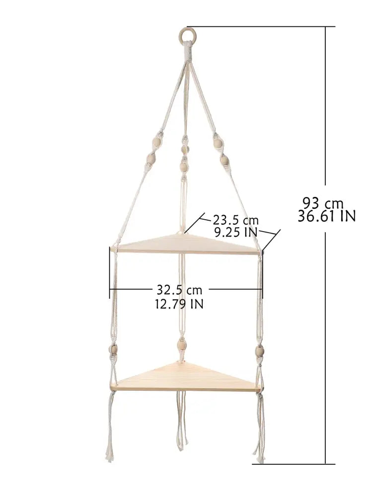 Wooden Corner Shelf with Macrame - Boho Wall Decor