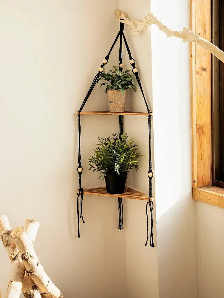 Wooden Corner Shelf with Macrame - Boho Wall Decor