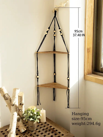 Wooden Corner Shelf with Macrame - Boho Wall Decor