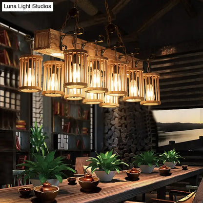Wooden Farmhouse Ceiling Light with 10 Heads for Island and Restaurant Dining, Hanging Lamp with Linear Beam
