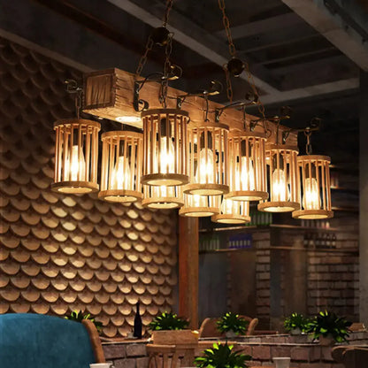 Wooden Farmhouse Ceiling Light with 10 Heads for Island and Restaurant Dining, Hanging Lamp with Linear Beam