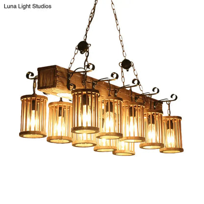 Wooden Farmhouse Ceiling Light with 10 Heads for Island and Restaurant Dining, Hanging Lamp with Linear Beam