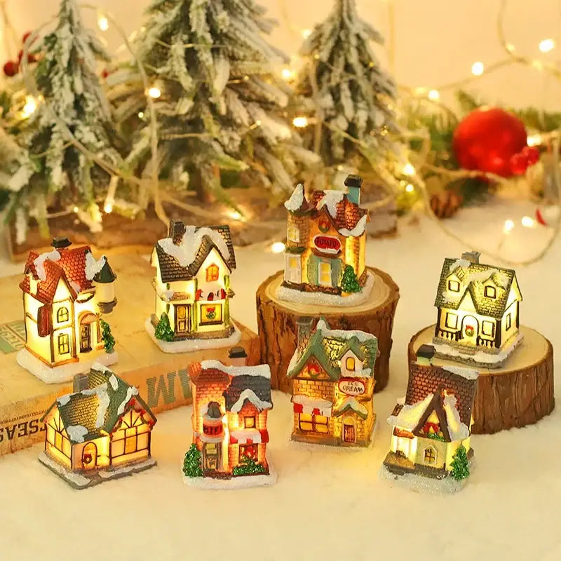 Decoraciones navideñas de madera con luces LED en forma de casa
