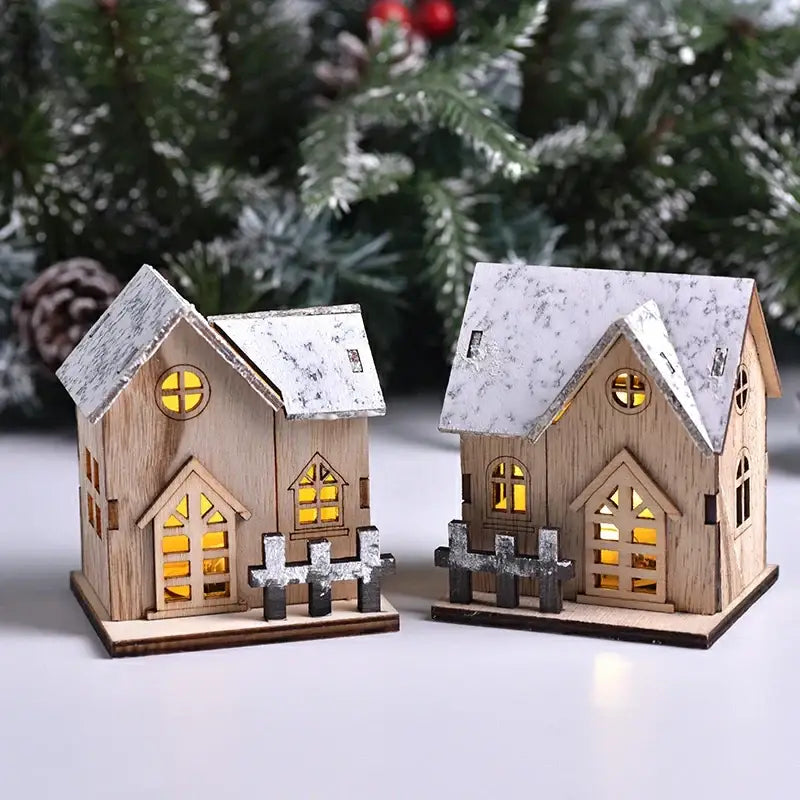 Decoraciones navideñas de madera con luces LED en forma de casa