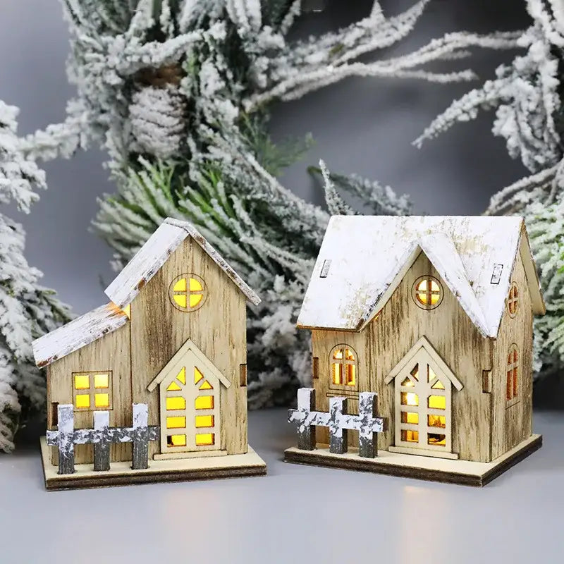 Decoraciones navideñas de madera con luces LED en forma de casa