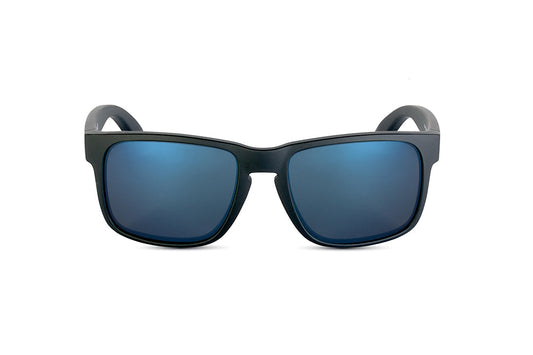 Decoy sunglasses by Skeleton Optics with matte black frame and blue mirrored lenses on Tampa Home & Garden Store