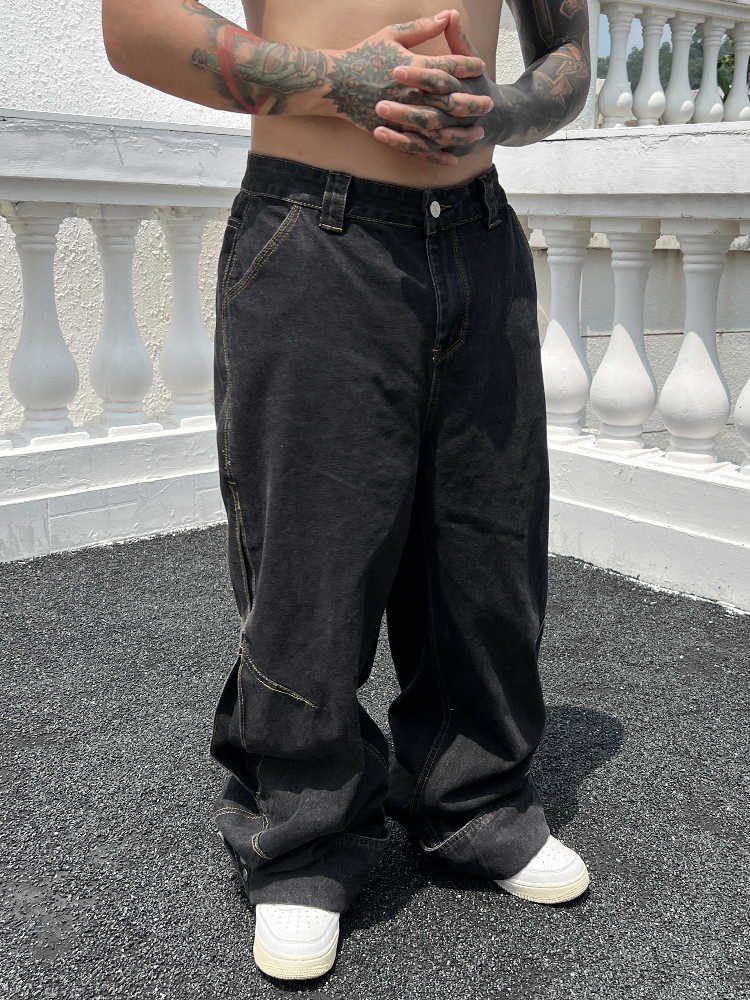 Solid Color Casual Jeans Retro Straight-leg Pants FLIPSTYLEZLLC black denim with yellow stitching on Tampa Home & Garden Store
