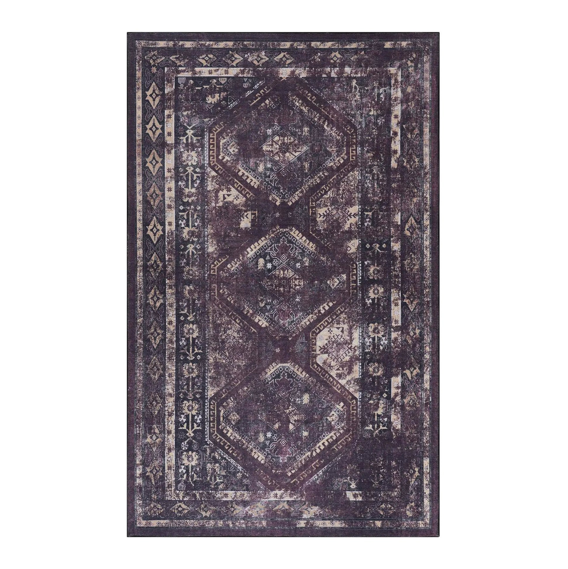 Maval Washable Rug, distressed plum-toned area rug with beige border by Unique Piece Furniture on Tampa Home & Garden Store