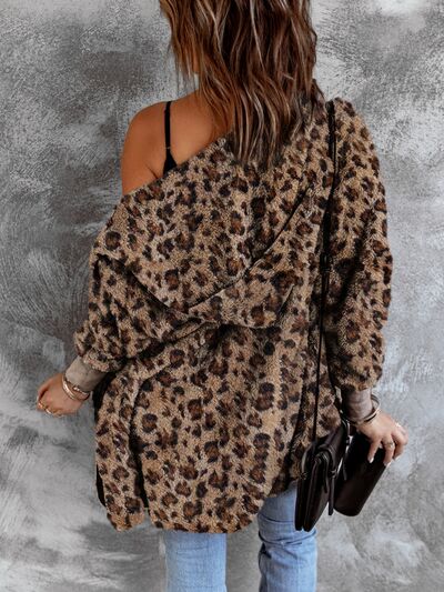 Trendy fuzzy leopard hooded jacket Stevvex, leopard print, long sleeves, casual fit, Coats on Tampa Home & Garden Store