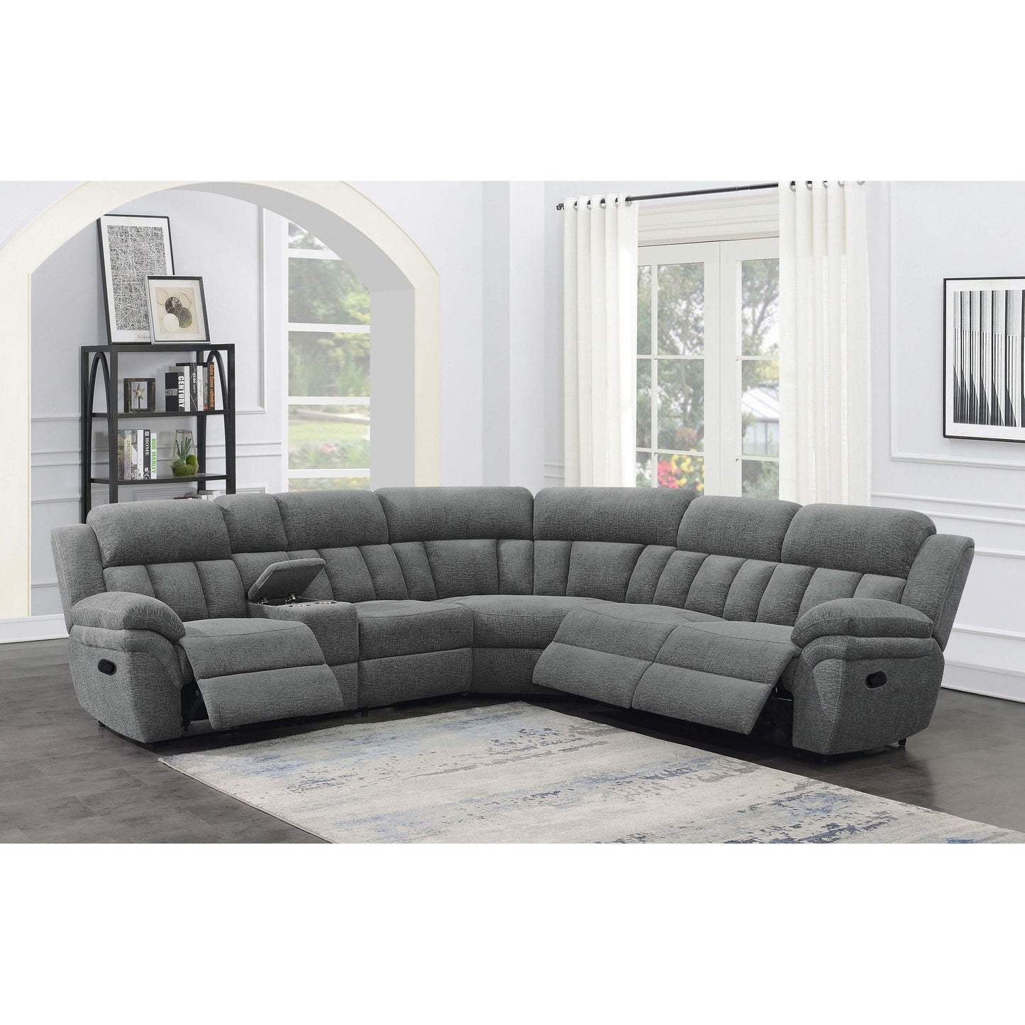 Divine 6 Piece Reclining Sectional in gray fabric with tufted cushions in bright living room on Tampa Home & Garden Store