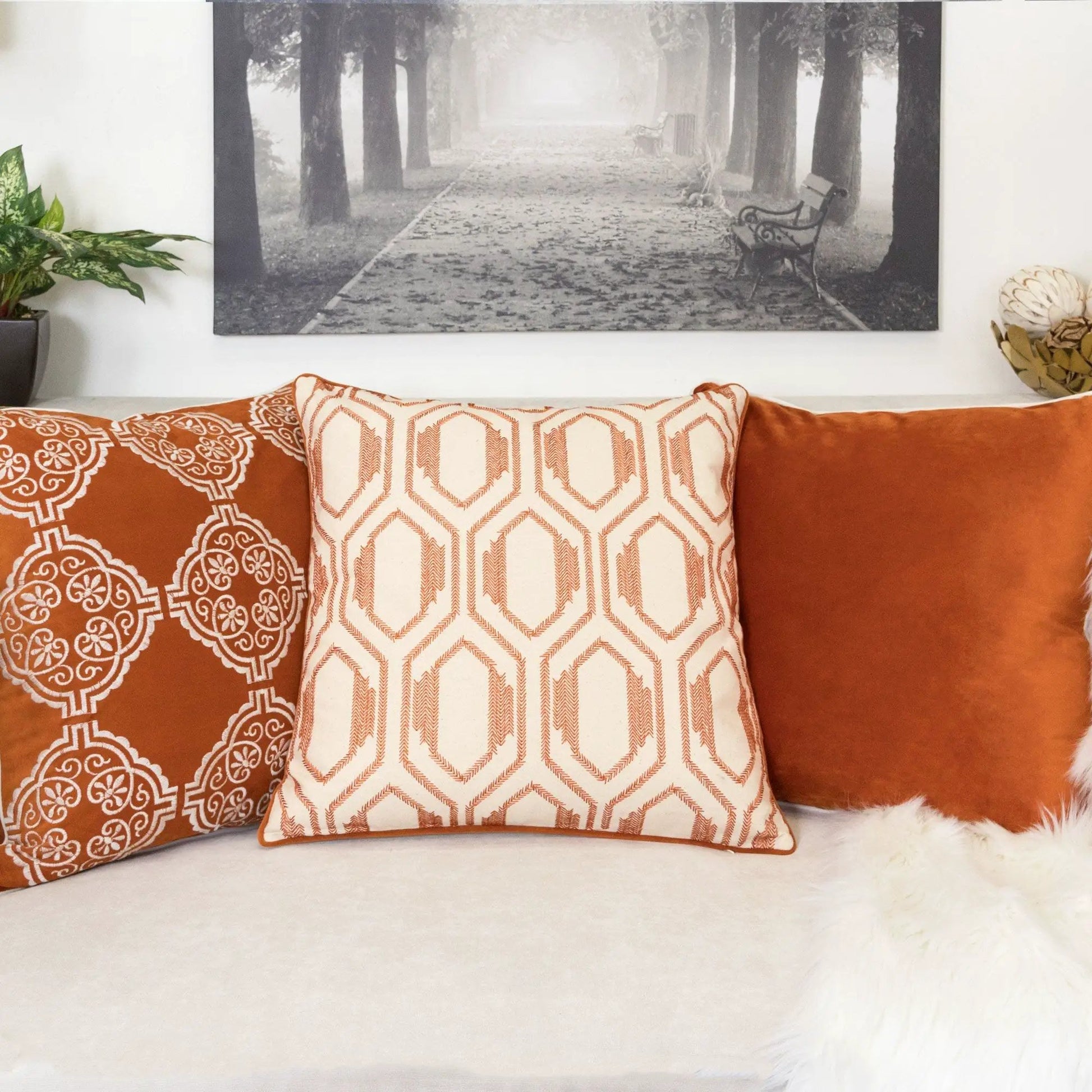 Geometric Embroidered Throw Pillows Rust set of 3 Unique Piece Furniture on Tampa Home & Garden Store