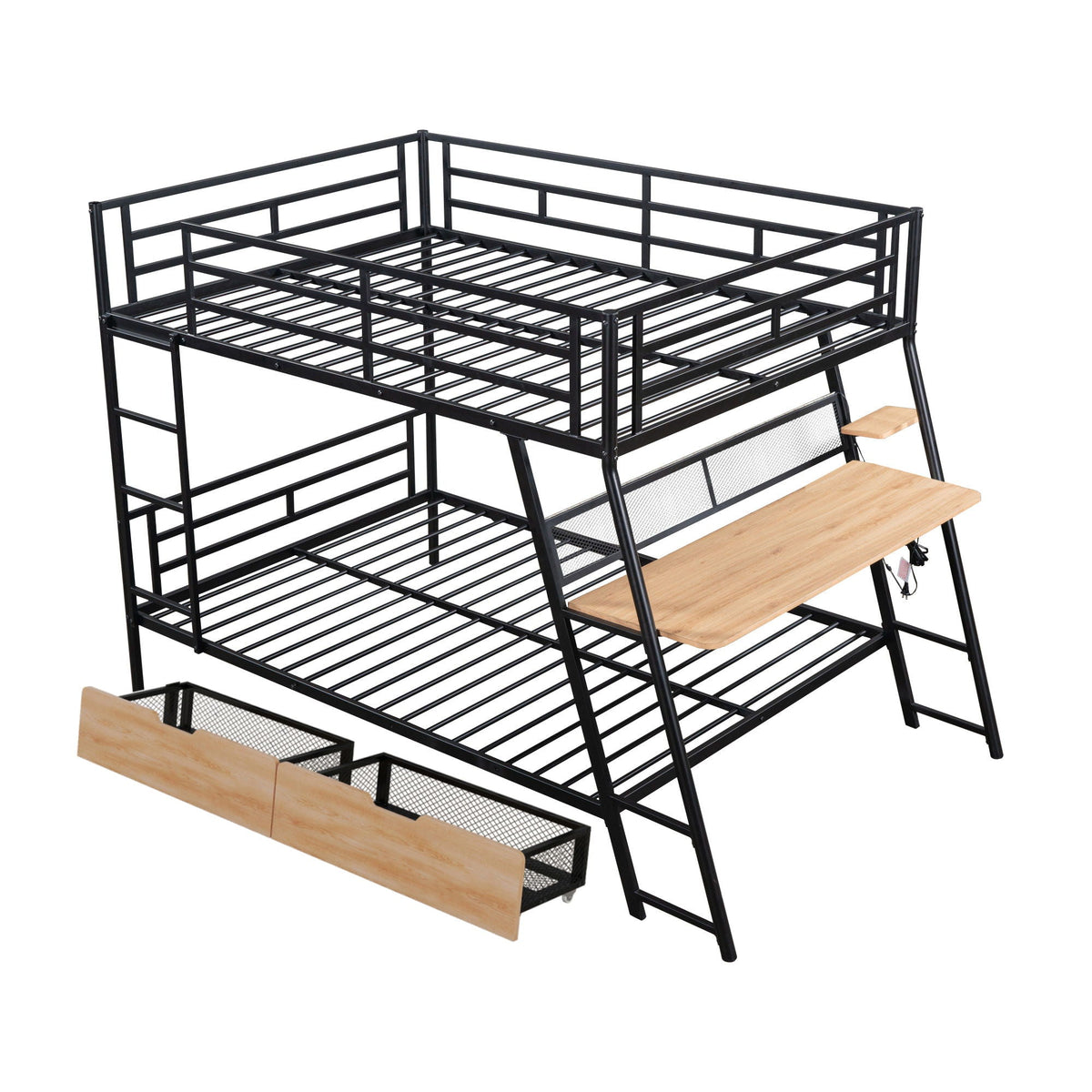 Full-size bunk bed frame in black metal with built-in desk extension and two drawers on Tampa Home & Garden Store
