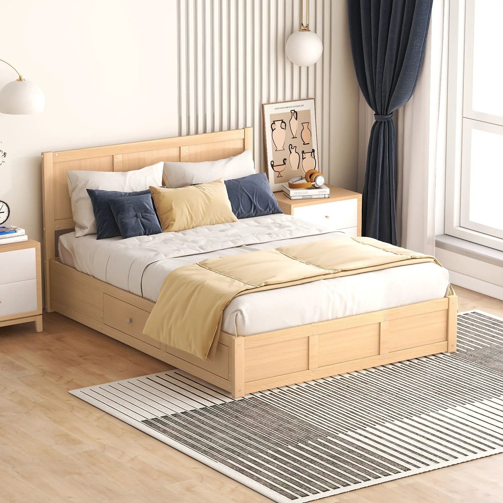 Platform bed with under-bed storage and 2 drawers in natural wood by Unique Piece Furniture on Tampa Home & Garden Store