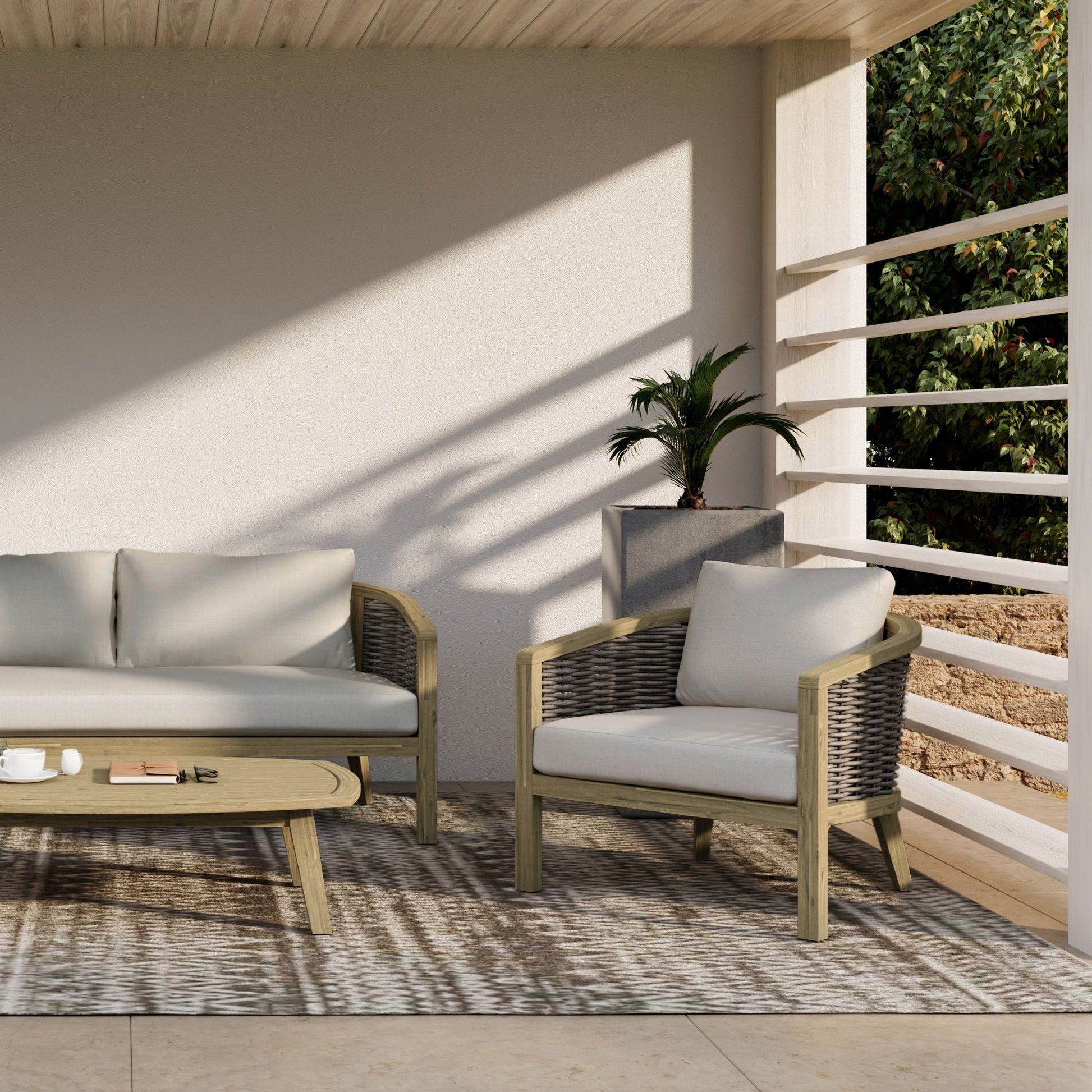Parkside Outdoor Conversation Chair Set of 2 in natural wicker with light cushions on Tampa Home & Garden Store