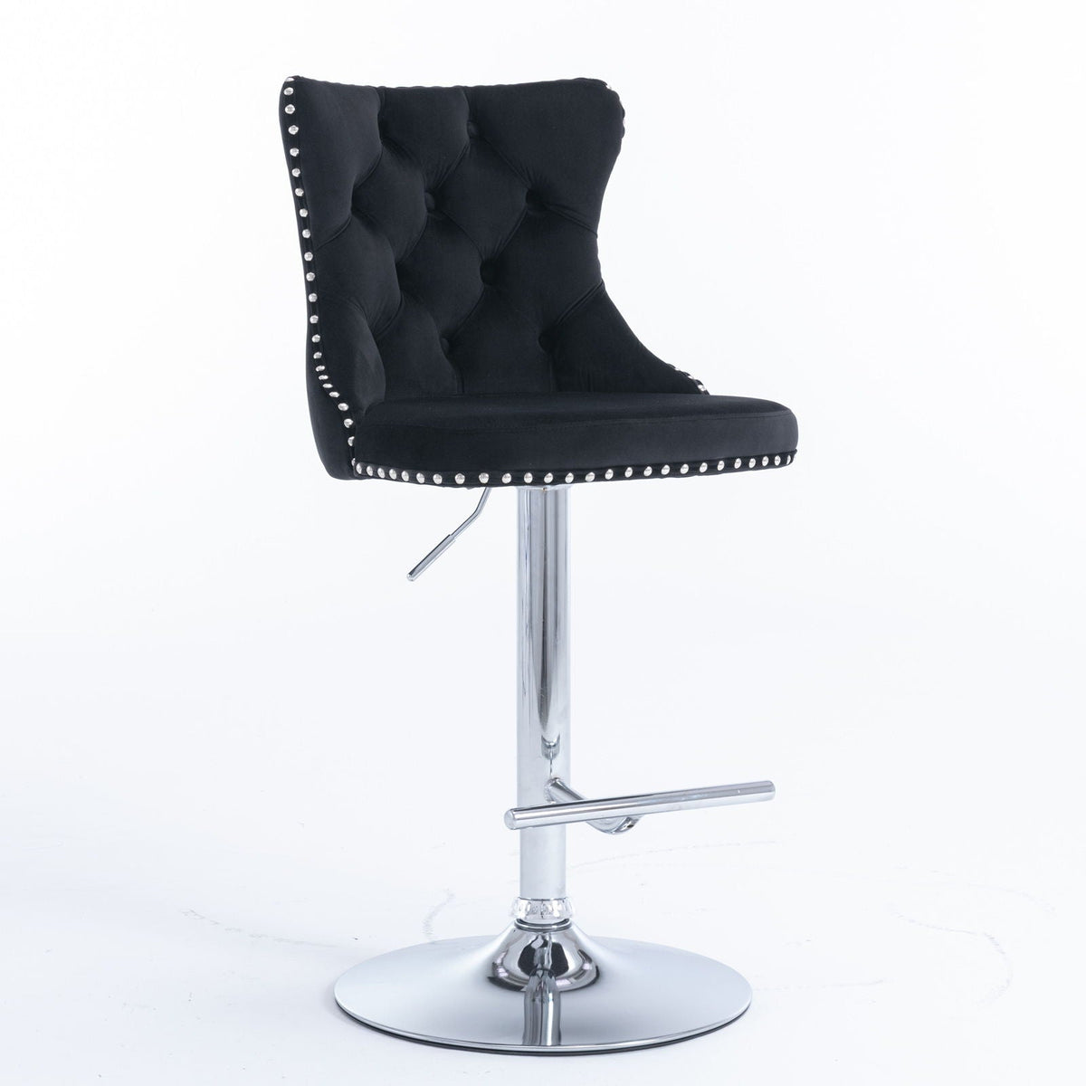 Swivel height barstool with black tufted upholstery, chrome base, studded trim on Tampa Home & Garden Store