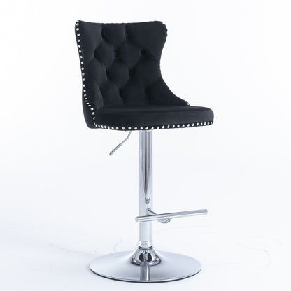 Swivel height barstool with black tufted upholstery, chrome base, studded trim on Tampa Home & Garden Store