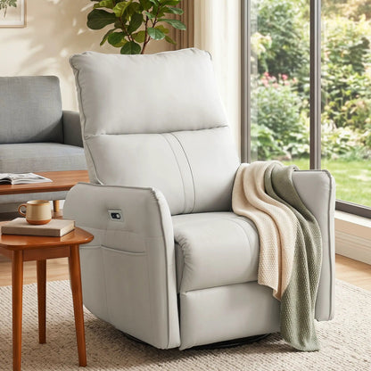Light gray power swivel rocker recliner chair with USB ports in living room setting on Tampa Home & Garden Store