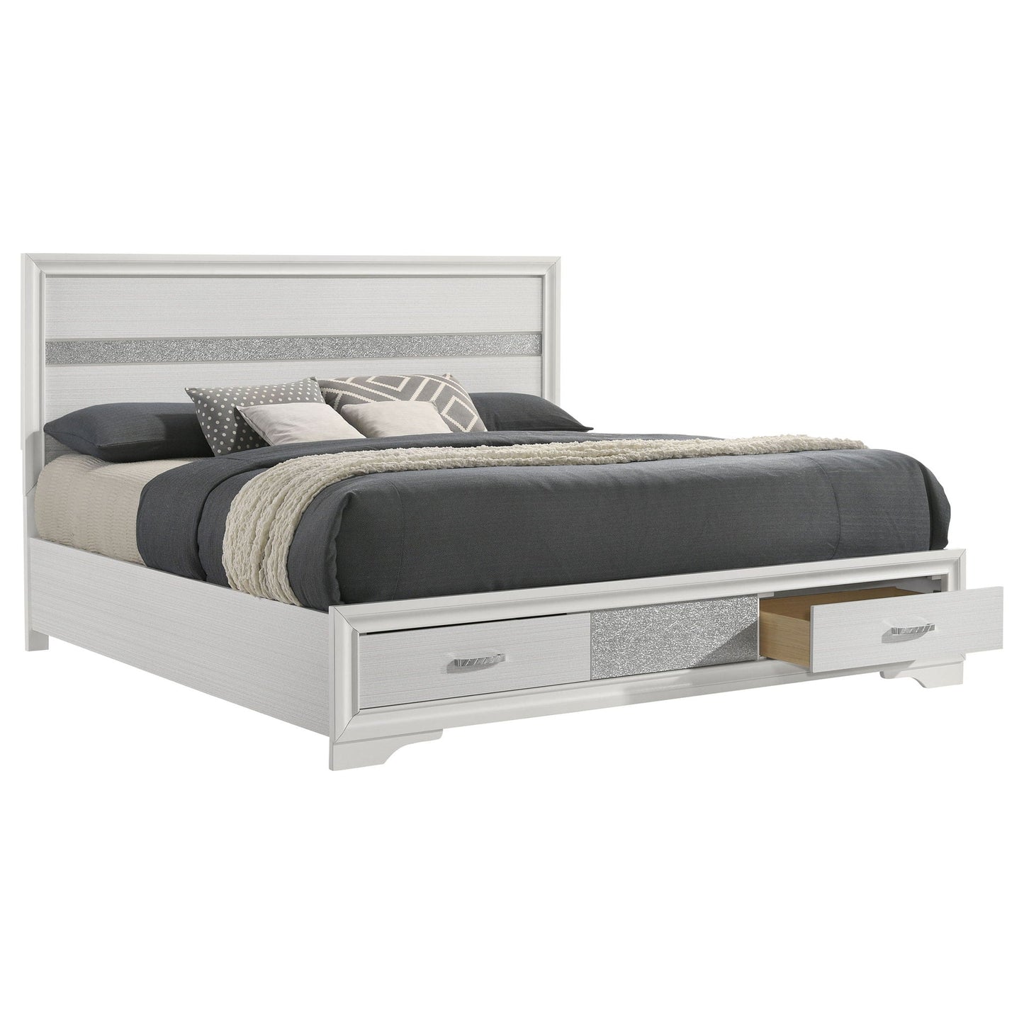 Storage platform bed with 2 under-bed drawers, white frame and gray upholstered headboard on Tampa Home & Garden Store