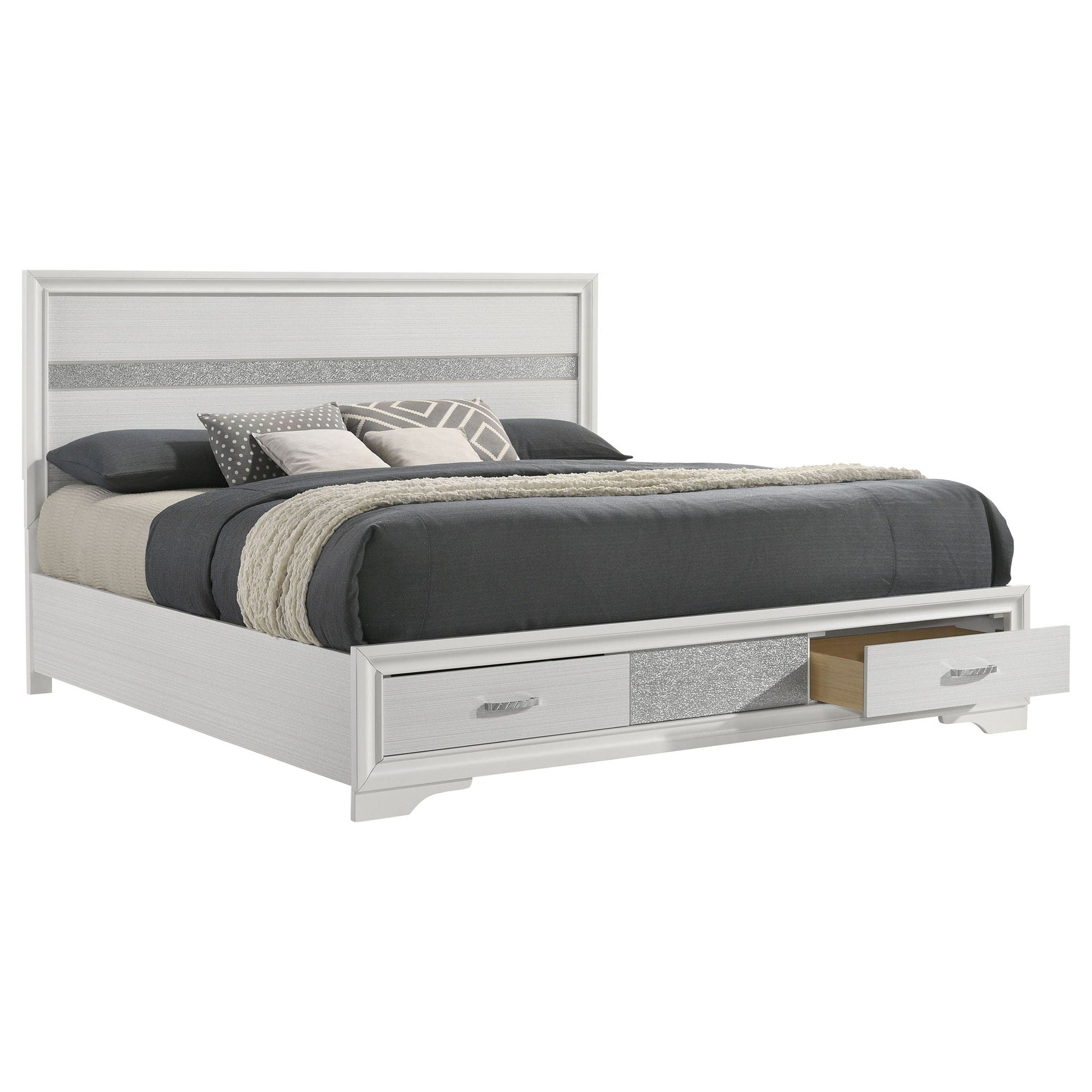 Storage platform bed with 2 under-bed drawers, white frame and gray upholstered headboard on Tampa Home & Garden Store