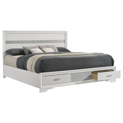 Storage platform bed with 2 under-bed drawers, white frame and gray upholstered headboard on Tampa Home & Garden Store