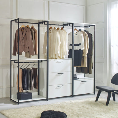 White walk-in closet wardrobe with adjustable shelves and powder-coated metal frame HouseOfZazla on Tampa Home & Garden Store